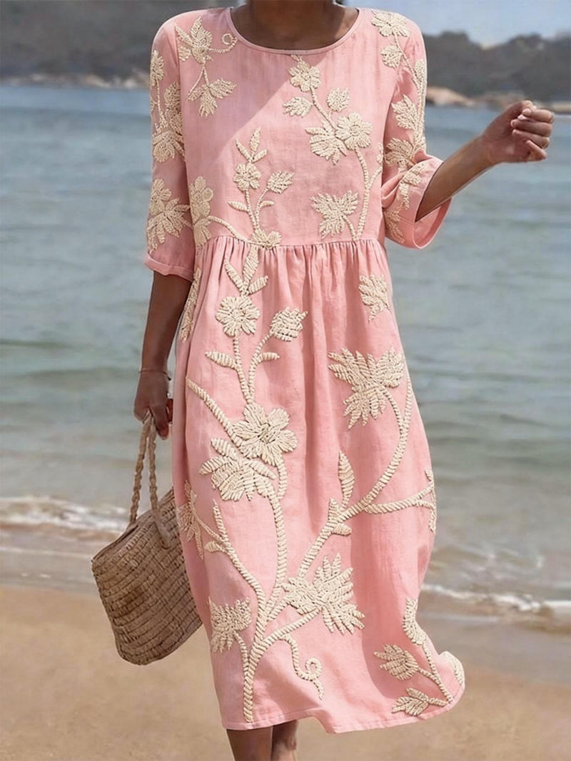 Women's Floral Embroidered Midi Dress with Three-Quarter Sleeves 3