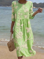 Women's Floral Embroidered Midi Dress with Three-Quarter Sleeves 4