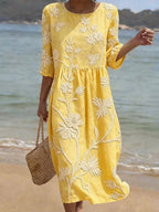 Women's Floral Embroidered Midi Dress with Three-Quarter Sleeves 5