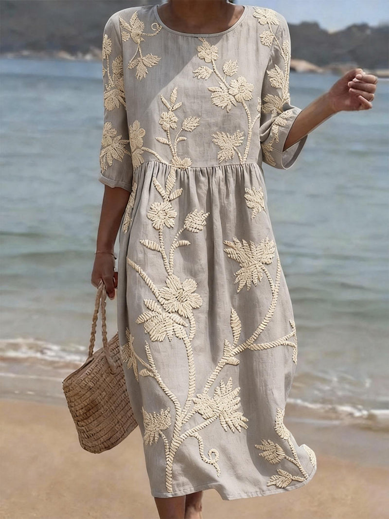 Women's Floral Embroidered Midi Dress with Three-Quarter Sleeves 6
