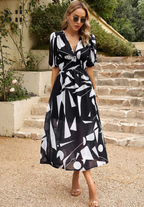 Women's Floral Midi Dress with Puff Sleeves and V-Neckline 10