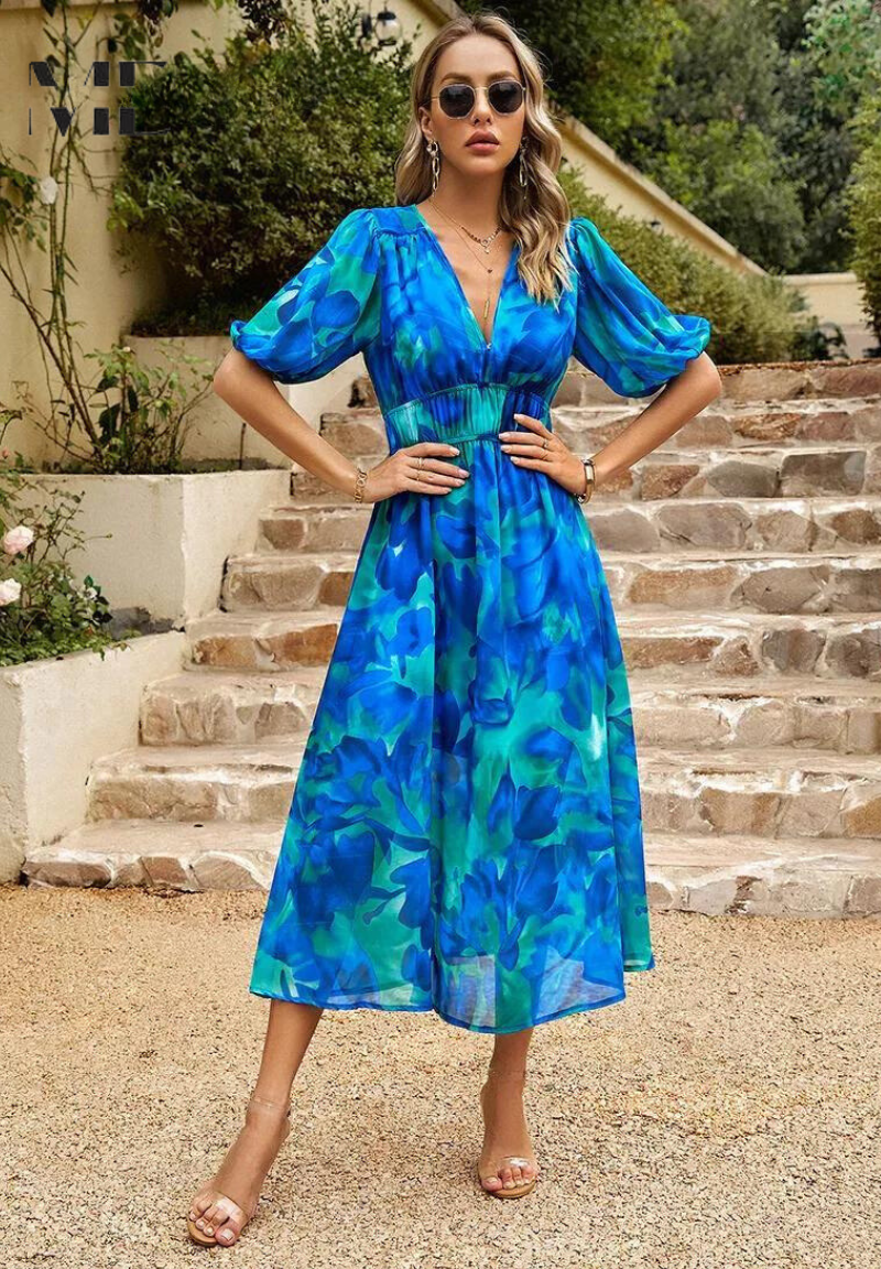 Women's Floral Midi Dress with Puff Sleeves and V-Neckline 12