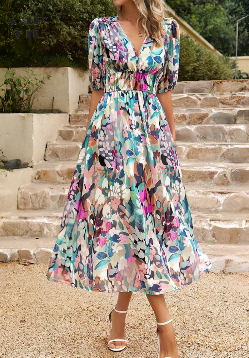Women's Floral Midi Dress with Puff Sleeves and V-Neckline 4