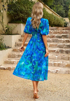 Women's Floral Midi Dress with Puff Sleeves and V-Neckline 7