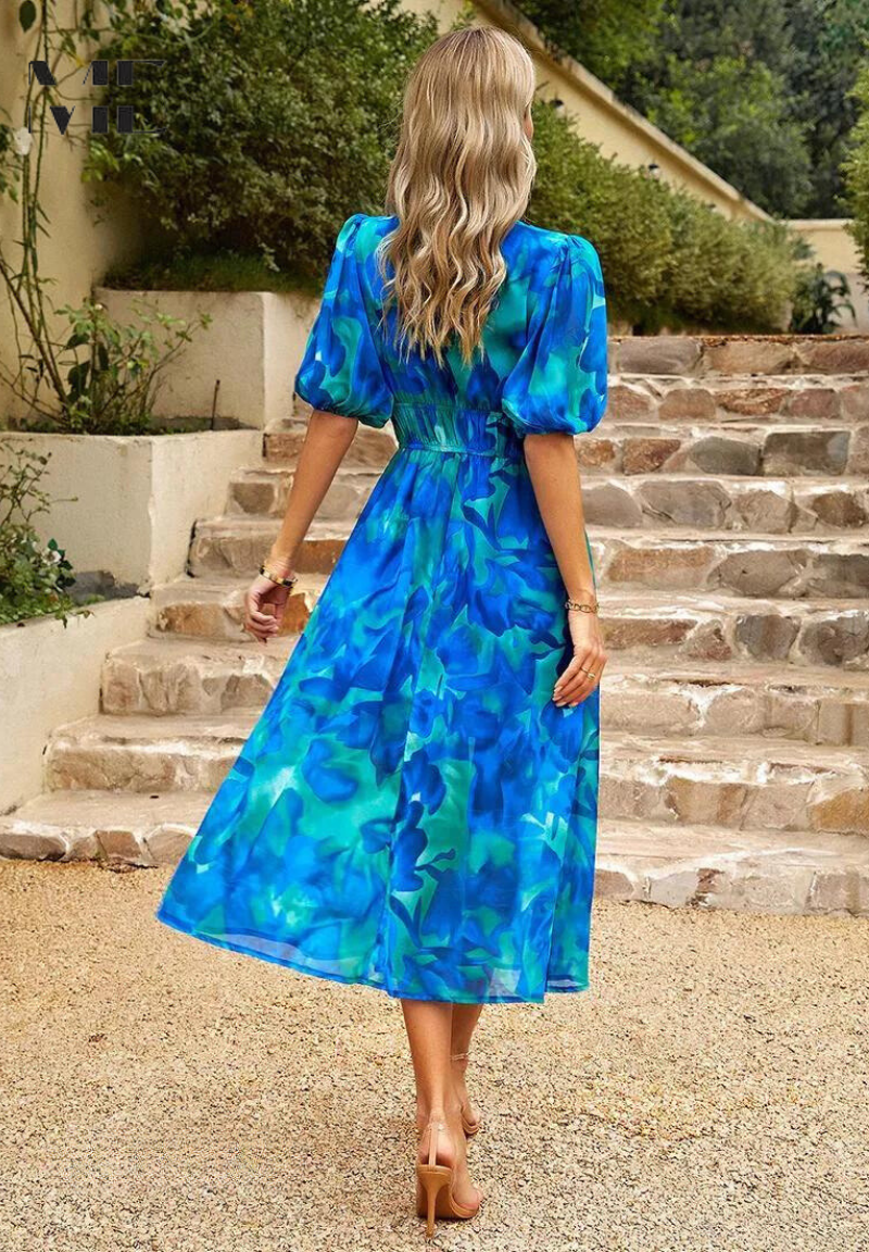 Women's Floral Midi Dress with Puff Sleeves and V-Neckline 7