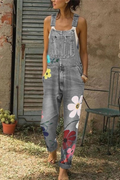 Women's Floral Print Denim Jumpsuit with Adjustable Straps 1