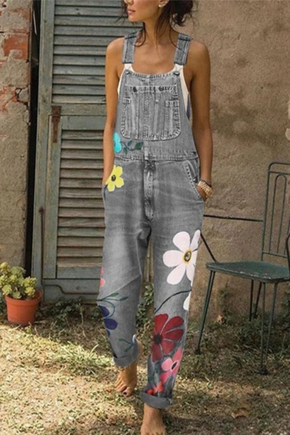Women's Floral Print Denim Jumpsuit with Adjustable Straps 1
