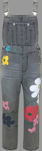 Women's Floral Print Denim Jumpsuit with Adjustable Straps 2
