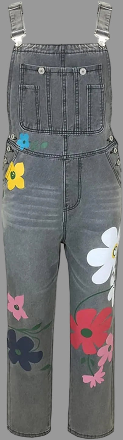 Women's Floral Print Denim Jumpsuit with Adjustable Straps 2