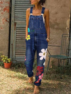 Women's Floral Print Denim Jumpsuit with Adjustable Straps 5