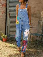 Women's Floral Print Denim Jumpsuit with Adjustable Straps 6