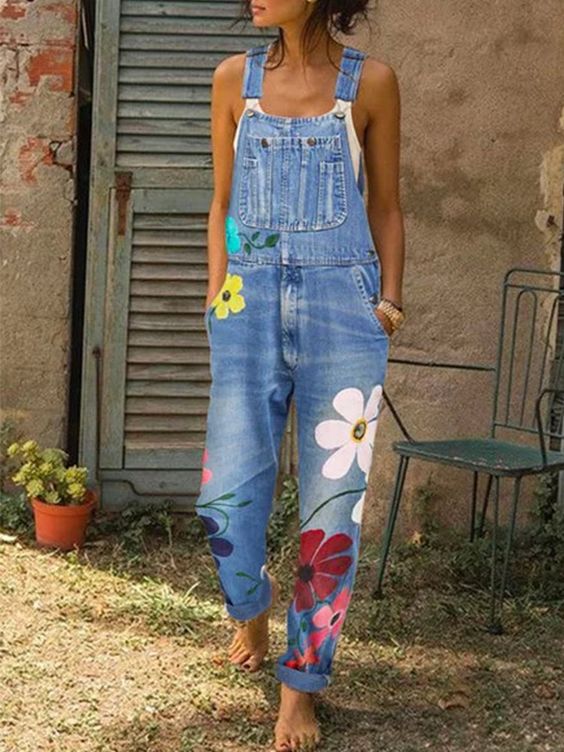 Women's Floral Print Denim Jumpsuit with Adjustable Straps 6