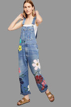 Women's Floral Print Denim Jumpsuit with Adjustable Straps 7