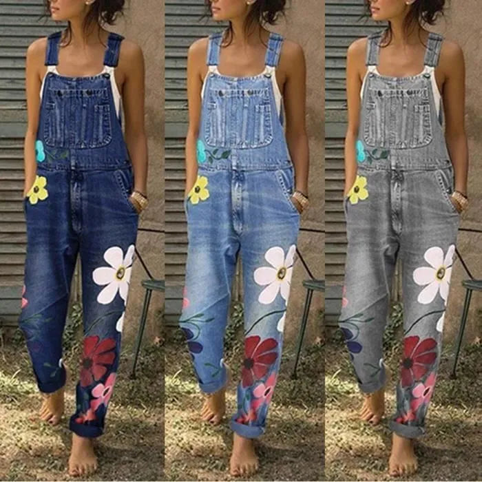 Women's Floral Print Denim Jumpsuit with Adjustable Straps 8