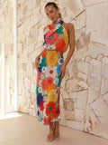 Women's Floral Print Halter Neck Midi Dress with Fitted Waist 2