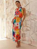 Women's Floral Print Halter Neck Midi Dress with Fitted Waist 2