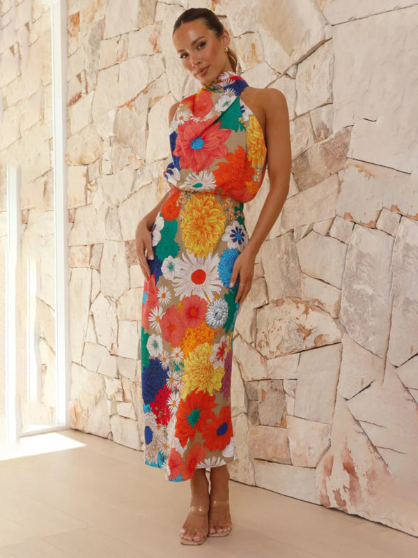 Women's Floral Print Halter Neck Midi Dress with Fitted Waist 2