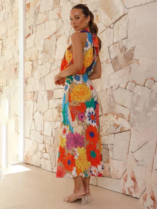 Women's Floral Print Halter Neck Midi Dress with Fitted Waist 3