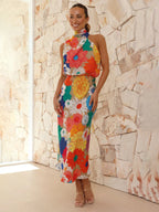 Women's Floral Print Halter Neck Midi Dress with Fitted Waist 5