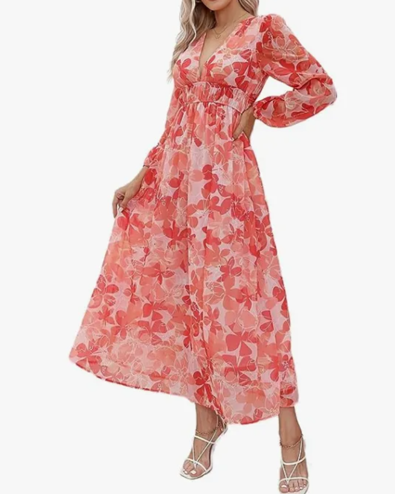 Women's Floral Print Maxi Dress with Long Sleeves 18