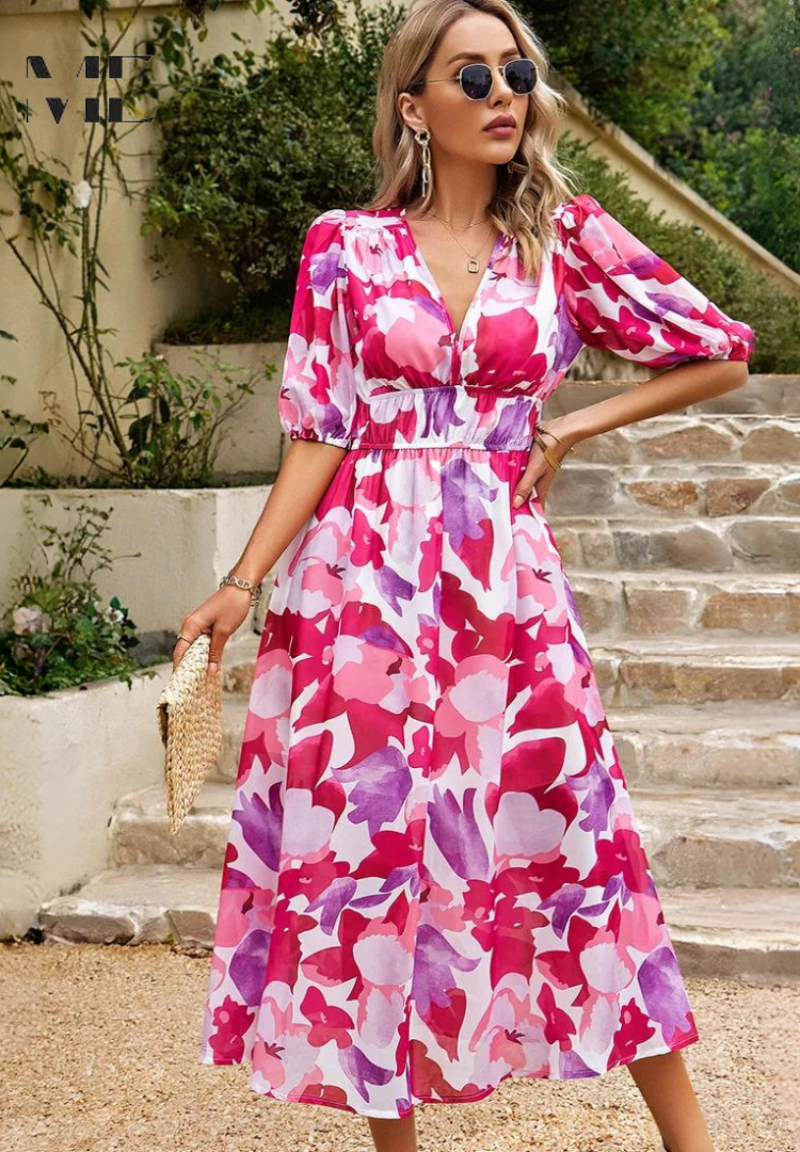 Women's Floral Print Midi Dress with Relaxed Fit 17