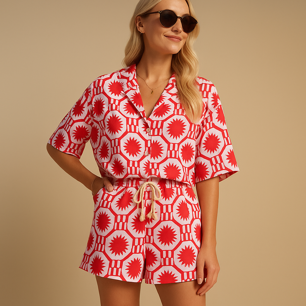 Women's Floral Short-Sleeve Blouse and Elasticated Shorts Set 1