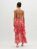 Women's Floral Tiered Midi Dress with V-Neck and Strappy Open Back 2