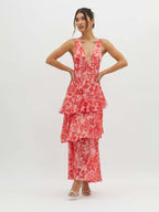 Women's Floral Tiered Midi Dress with V-Neck and Strappy Open Back 3