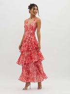 Women's Floral Tiered Midi Dress with V-Neck and Strappy Open Back 4
