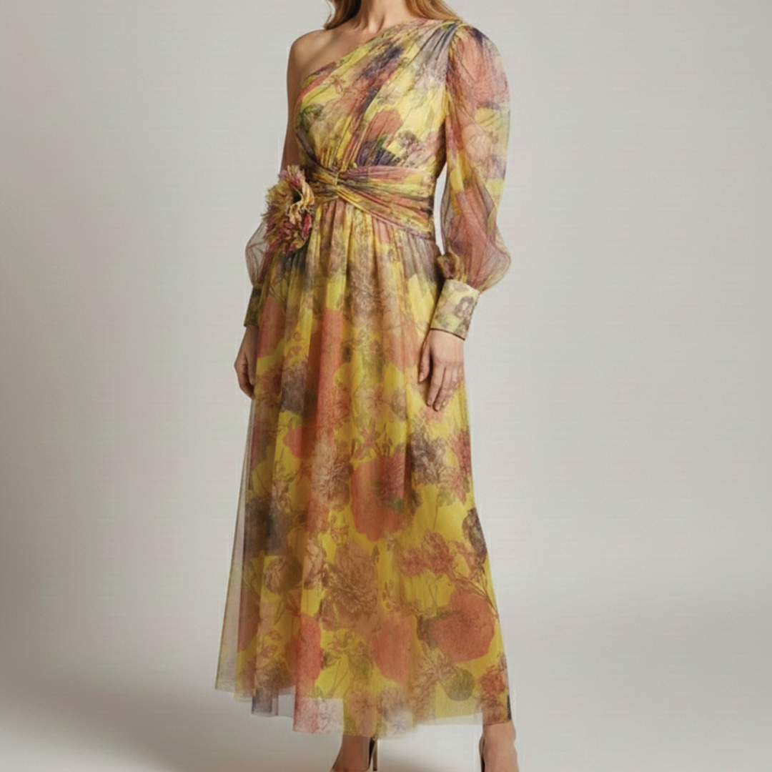 Women's Floral Tulle One-Shoulder Floor-Length Gown with Front Slit 1