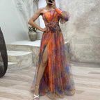 Women's Floral Tulle One-Shoulder Floor-Length Gown with Front Slit 2