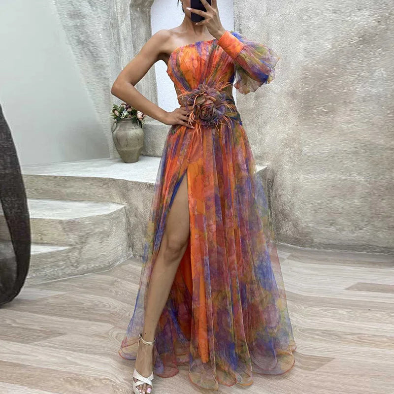 Women's Floral Tulle One-Shoulder Floor-Length Gown with Front Slit 2