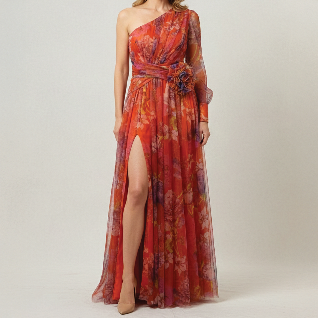 Women's Floral Tulle One-Shoulder Floor-Length Gown with Front Slit 3