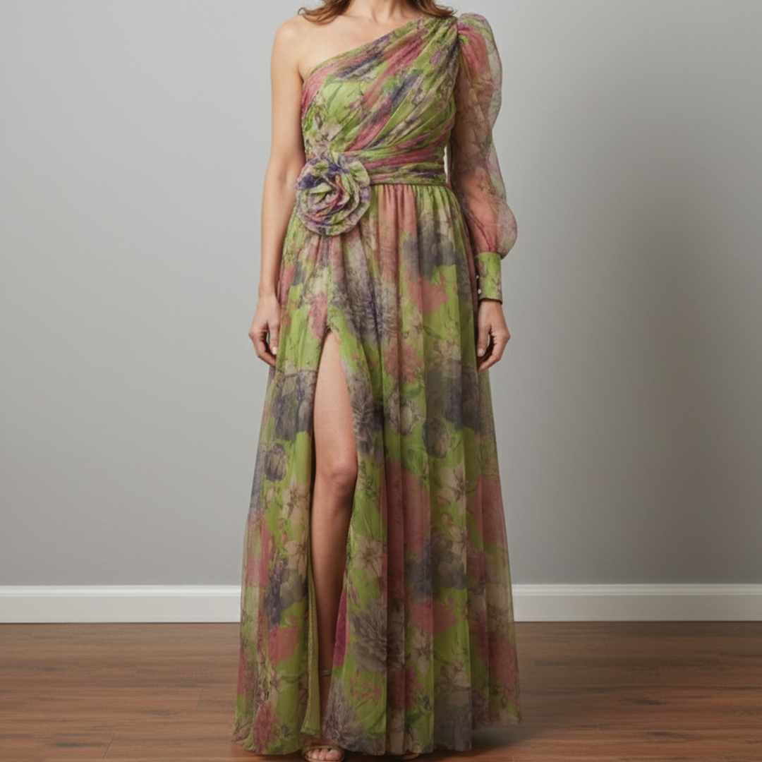 Women's Floral Tulle One-Shoulder Floor-Length Gown with Front Slit 4