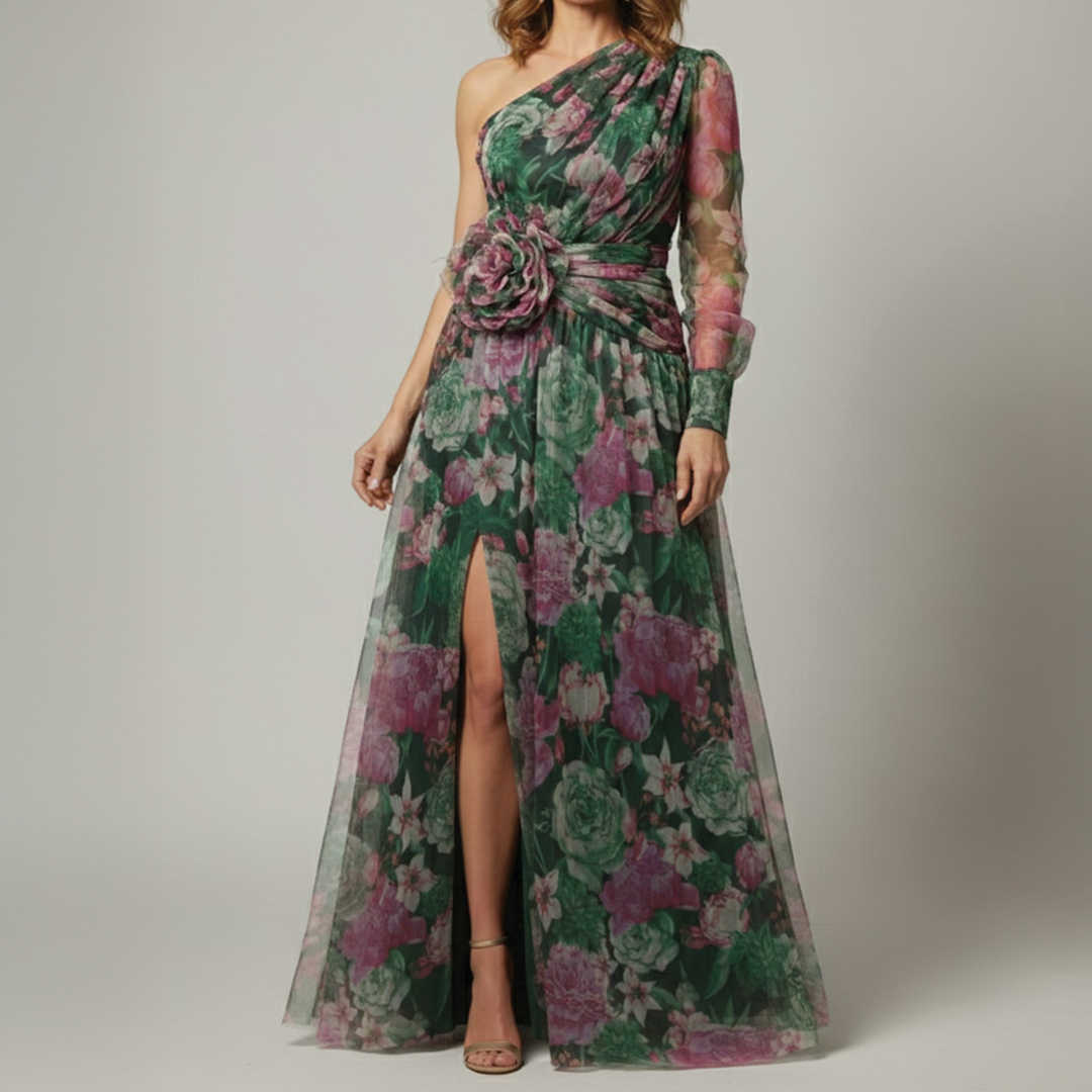 Women's Floral Tulle One-Shoulder Floor-Length Gown with Front Slit 5