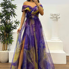 Women's Floral Tulle One-Shoulder Floor-Length Gown with Front Slit 6