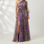 Women's Floral Tulle One-Shoulder Floor-Length Gown with Front Slit 7