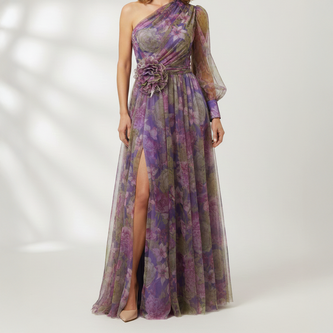 Women's Floral Tulle One-Shoulder Floor-Length Gown with Front Slit 7