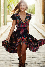 Women's Floral V-Neck Midi Dress with Adjustable Waist 1