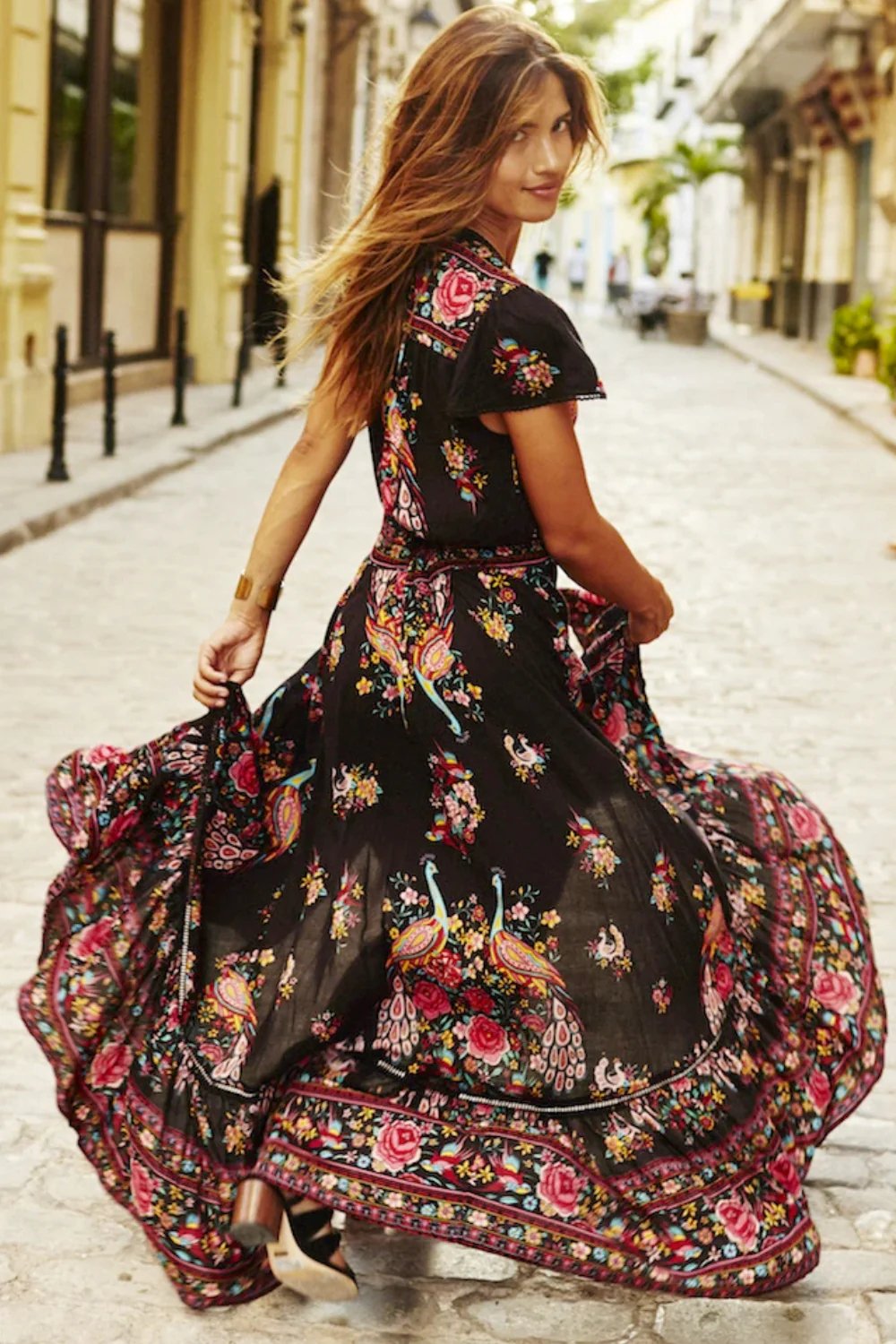 Women's Floral V-Neck Midi Dress with Adjustable Waist 2