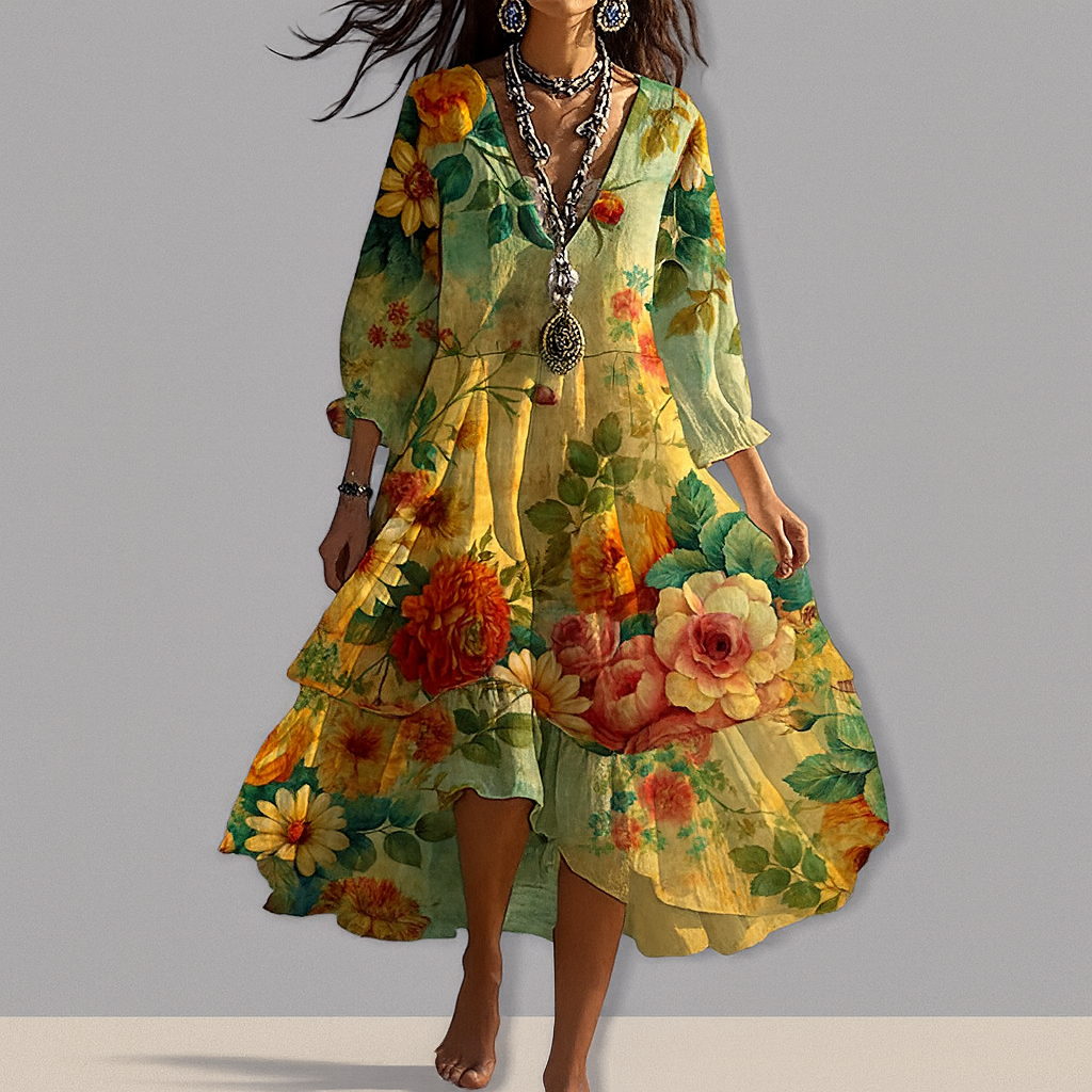 Women's Floral V-Neck Midi Dress with Relaxed Fit 3