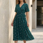 Women's Floral V-Neck Midi Dress with Short Sleeves and A-Line Silhouette 1
