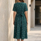 Women's Floral V-Neck Midi Dress with Short Sleeves and A-Line Silhouette 2