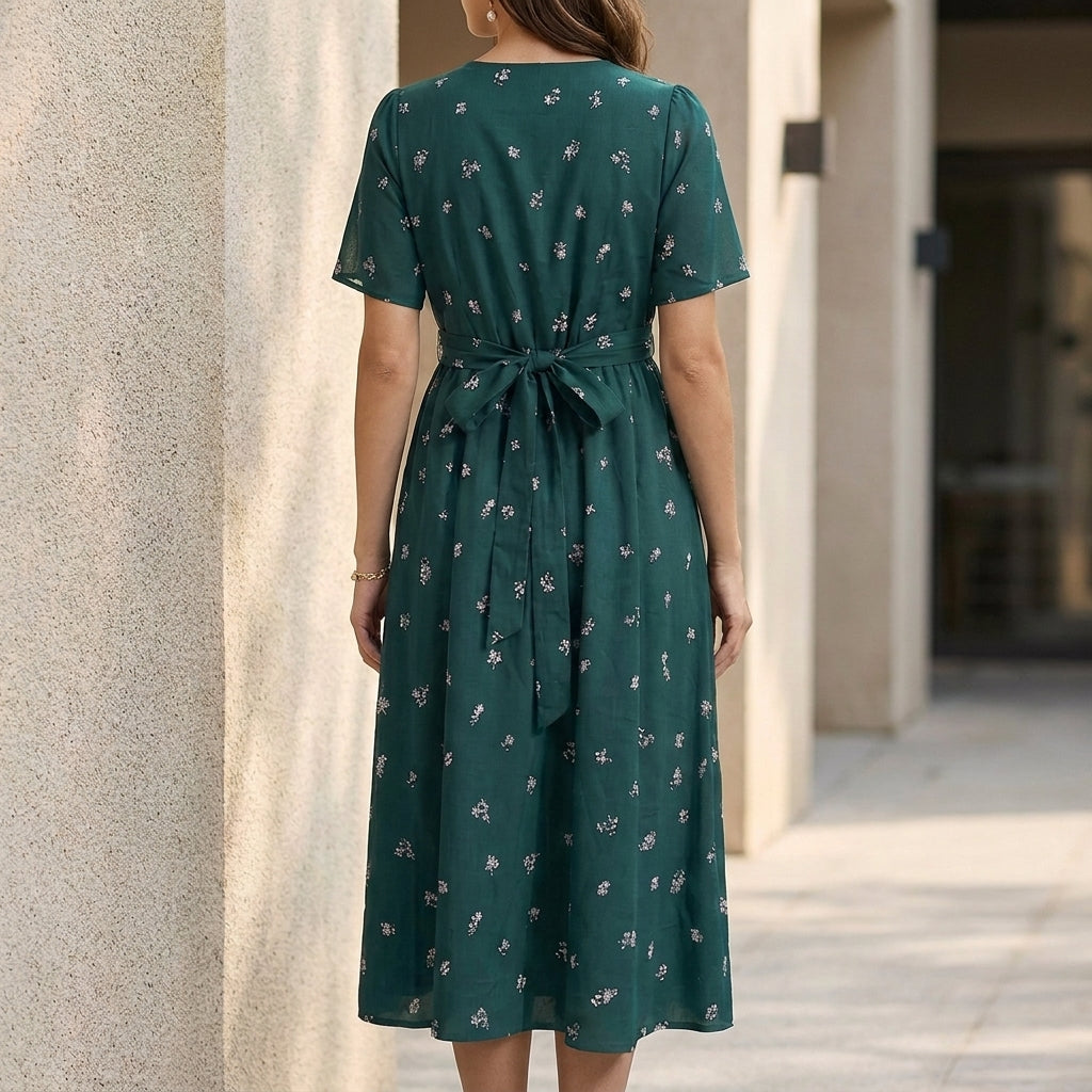 Women's Floral V-Neck Midi Dress with Short Sleeves and A-Line Silhouette 2