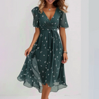 Women's Floral V-Neck Midi Dress with Short Sleeves and A-Line Silhouette 3