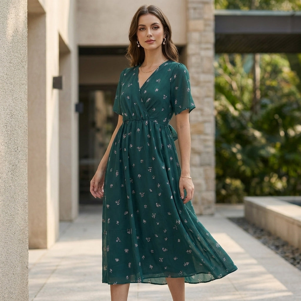 Women's Floral V-Neck Midi Dress with Short Sleeves and A-Line Silhouette 4