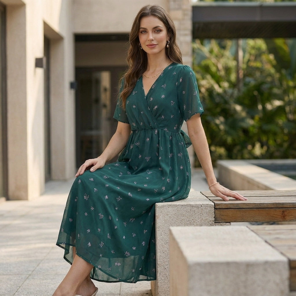 Women's Floral V-Neck Midi Dress with Short Sleeves and A-Line Silhouette 5
