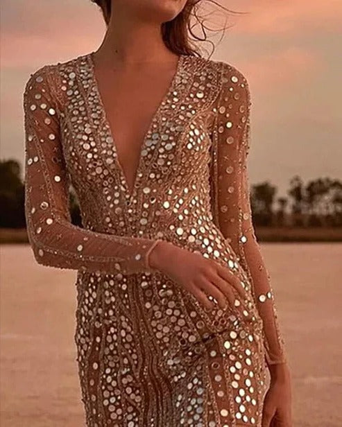 Women's Full Sequin Mini Dress with V-Neckline and Sheer Long Sleeves 2
