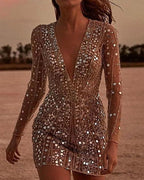 Women's Full Sequin Mini Dress with V-Neckline and Sheer Long Sleeves 3