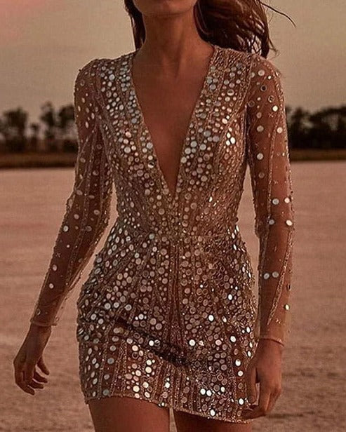Women's Full Sequin Mini Dress with V-Neckline and Sheer Long Sleeves 3